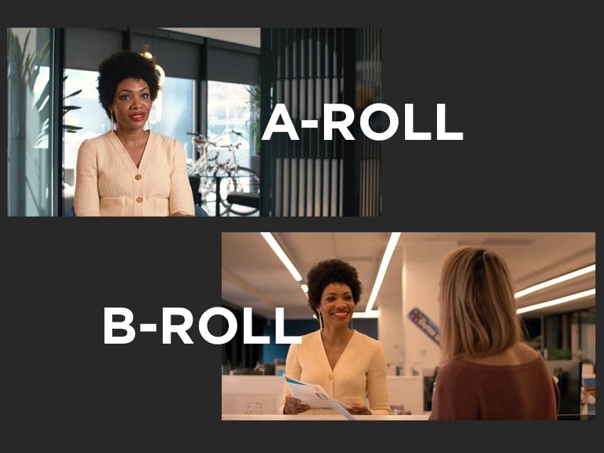 Two stills of a video show the difference between A-Roll and B-Roll.