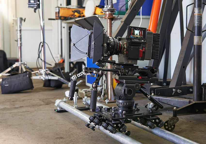A RED Cinema camera on a Dana Dolly.