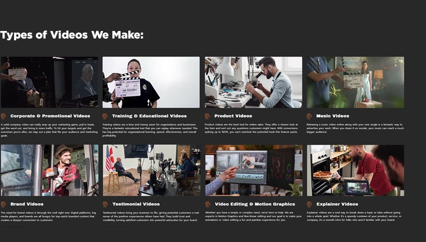 A list wth photos of video services provided by Rocket House Pictures.