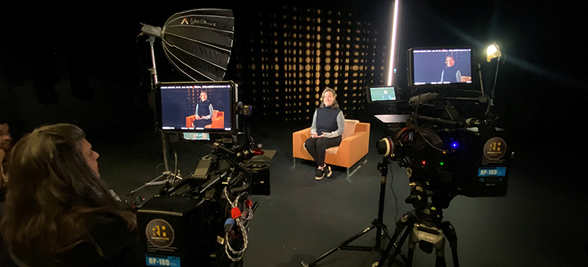 Behind the scenes photo of an interview filmed at the Dairy Arts Center