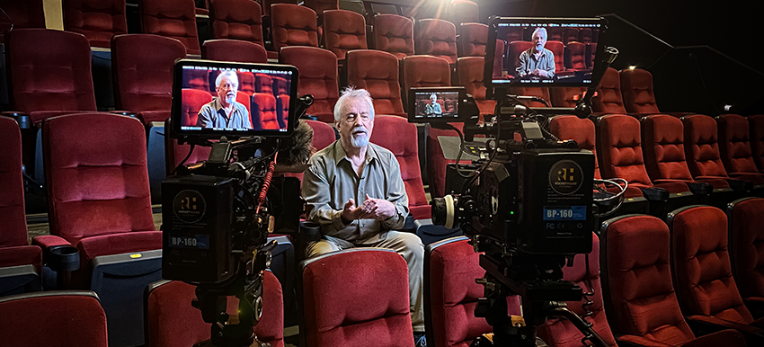 Behind the scenes photo of an interview filmed at the Dairy Arts Center