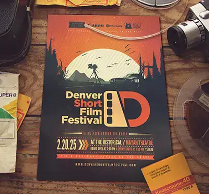 Poster of a film festival between film equipment.